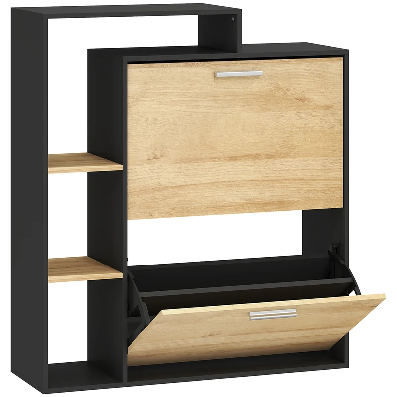 Mobile Portascarpe 80x26x 90 cm con 2 Cassetti a Ribalta e ripiani Nero e Legno Naturale
