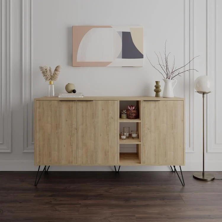 Madia Moderna Credenza 142x83 cm con 3 Ante e Vani a Giorno Zaffiro di Quercia