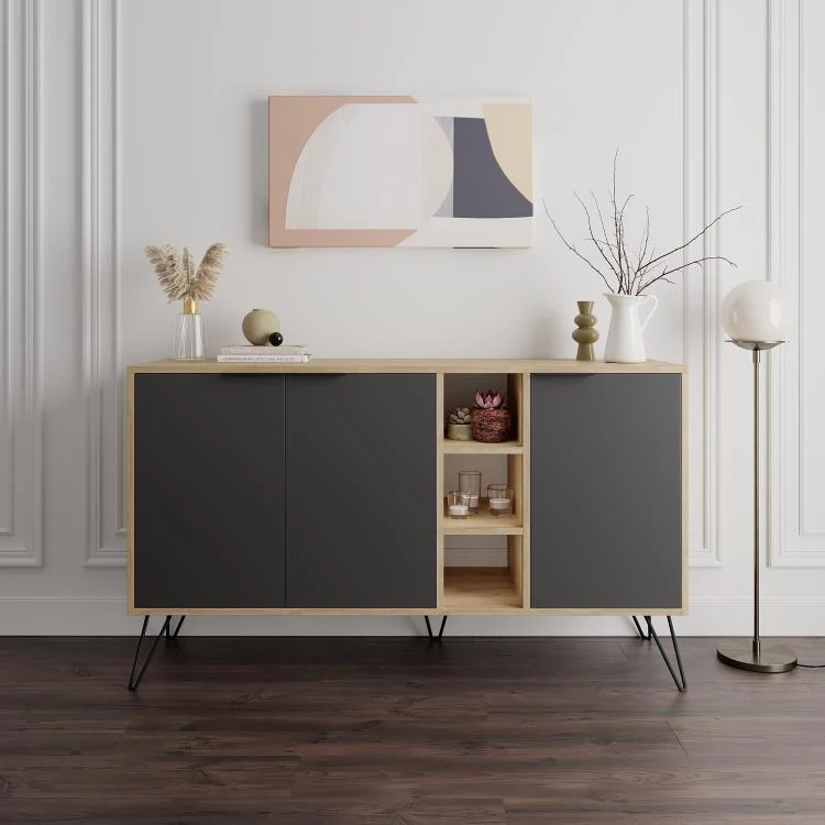 Madia Moderna Credenza 142x83 cm con 3 Ante e Vani a Giorno Rovere e Antracite