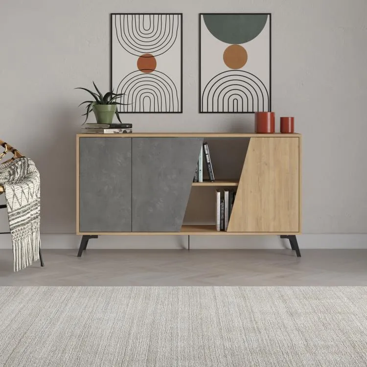 Madia Moderna Credenza Fiona 150x36x82 cm Design Anta Obliqua Grigio Retrò e Zaffiro di Quercia