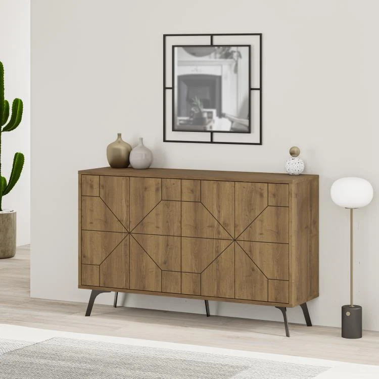 Madia Credenza Design Geometrico Moderno 123x77 cm con 4 Ante in Legno Rovere