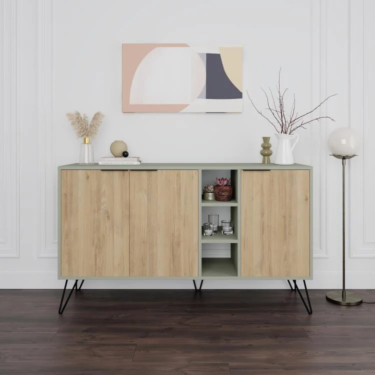 Madia Moderna Credenza 142x83 cm con 3 Ante e Vani a Giorno Quercia e Verde