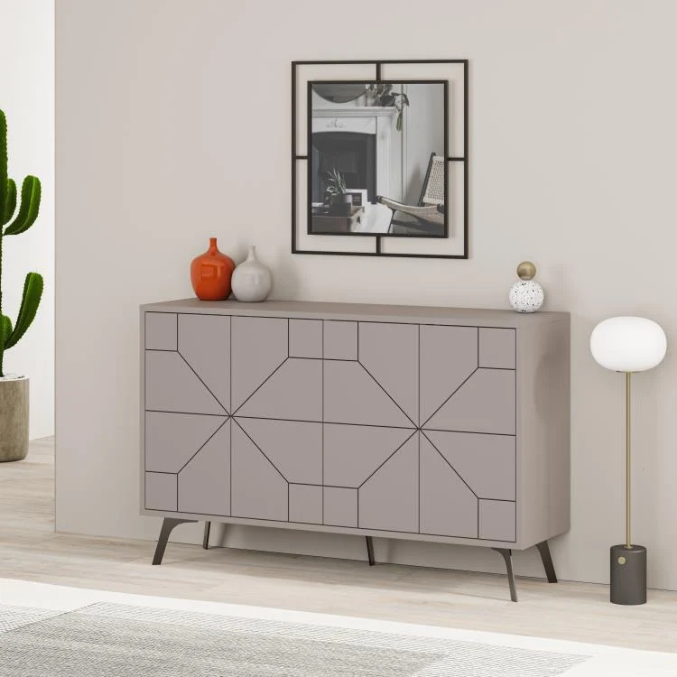 Madia Credenza Design Geometrico Moderno 123x77 cm con 4 Ante in Legno Tortora