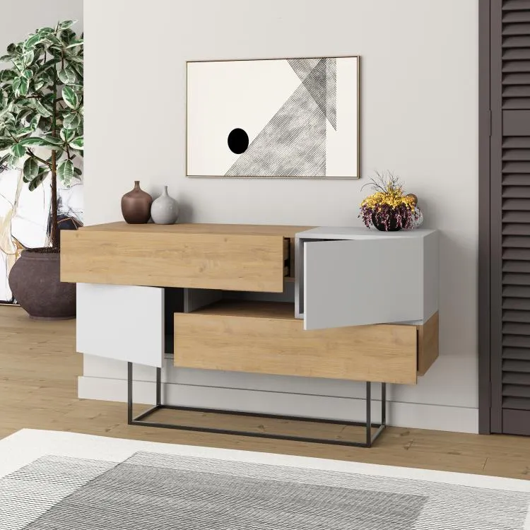 Consolle Moderna 145x40x82 cm con 2 Ante 2 Cassetti e Gambe Alte Zaffiro di Quercia e Bianco