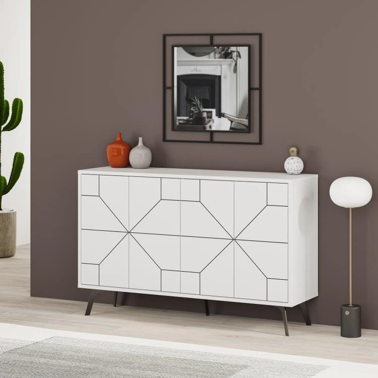 Madia Credenza Design Geometrico Moderno 123x77 cm con 4 Ante in Legno Bianco
