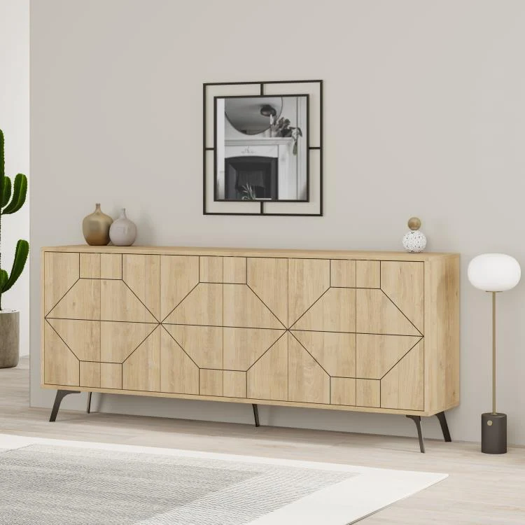 Madia con 6 Ante Credenza 184x35x77,4 cm Design Geometrico Moderno in Legno Rovere Quercia