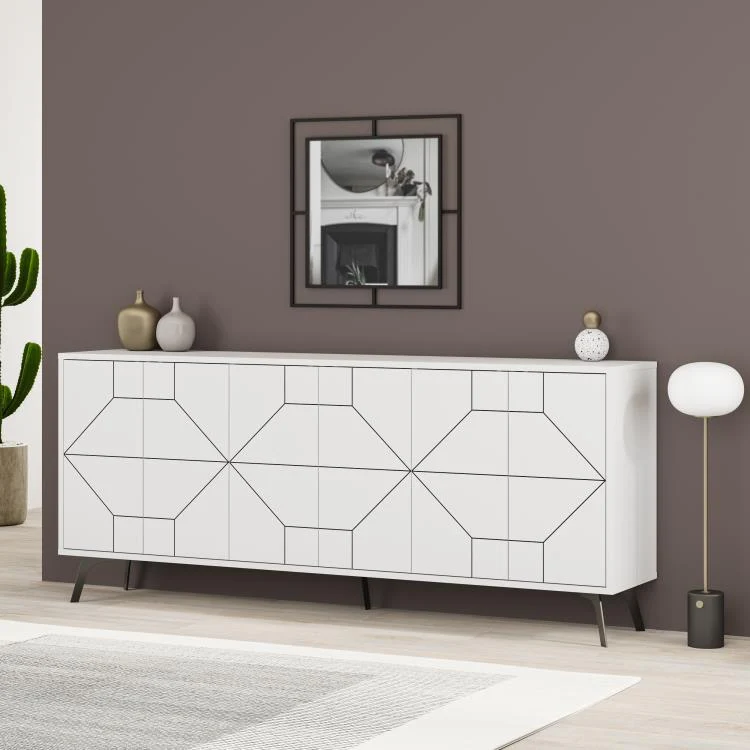 Madia con 6 Ante Credenza 184x35x77,4 cm Design Geometrico Moderno in Legno Rovere Bianco