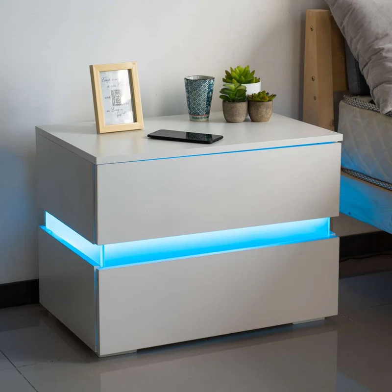 Comodino 60x45x39 cm Cassettiera 2 Cassetti Design con LED in Legno MDF Bianco
