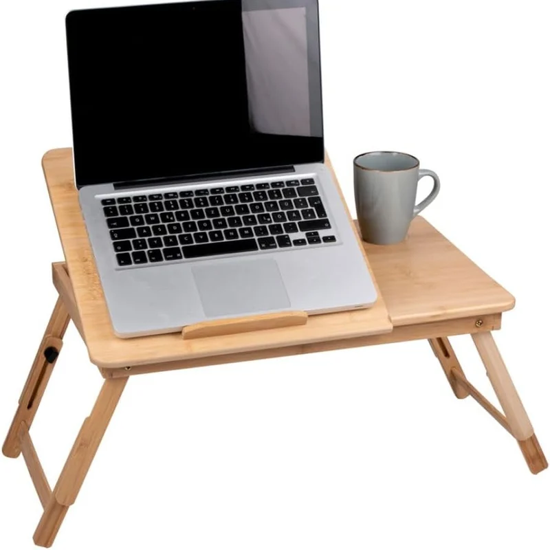 Tavolino Vassoio 50x30x21,5-27,5H cm Piano Inclinabile con Porta Bevande in Bambù