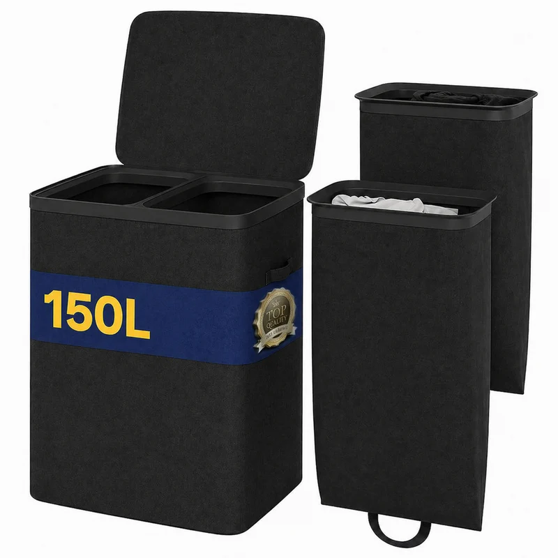 Cesto Portabiancheria Sporca con Divisorio 56x40x67 cm Porta Biancheria Doppia Cesta in PP Nero