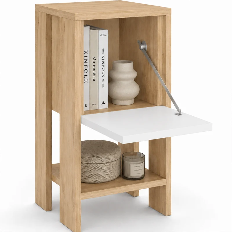 Comodino 30x30x55 cm Mobiletto con Anta a Ribalta e Ripiano in Legno Queercia e Bianco
