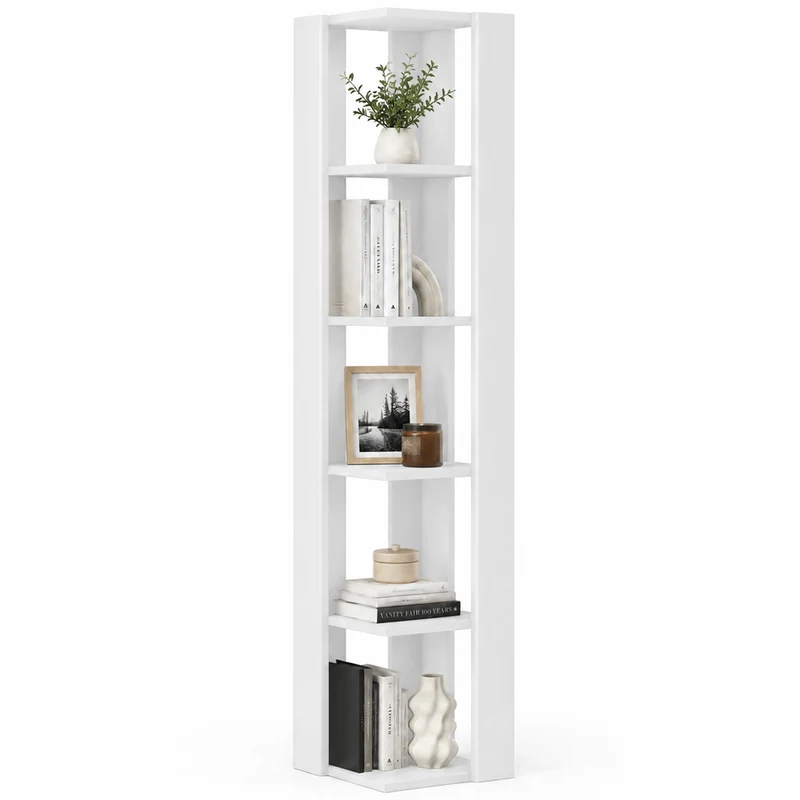 Libreria Angolare 34x34x161 cm Scaffale Salvaspazio 5 Ripiani in Legno Bianco