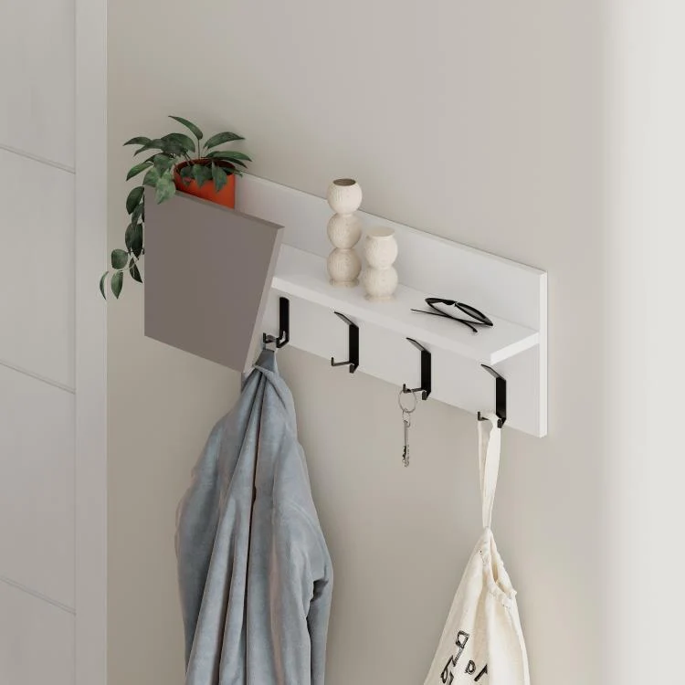 Mensola Appendiabiti da Parete 74x15,7x26 cm Attaccapanni Bianco e Beige Chiaro