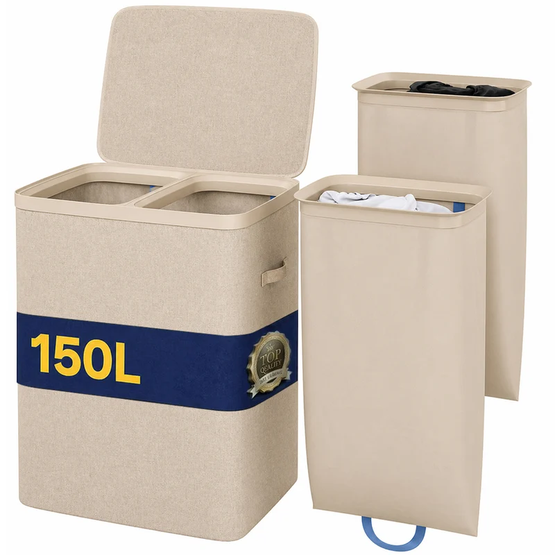 Cesto Portabiancheria Sporca 56x40x 67 cm con Divisorio Doppia Cesta 150L in Poliestere Beige