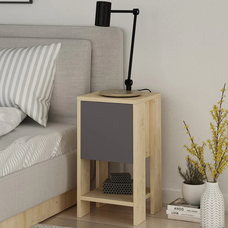 Comodino 30x30x55 cm Mobiletto con Anta a Ribalta e Ripiano in Legno Quercia e Antracite
