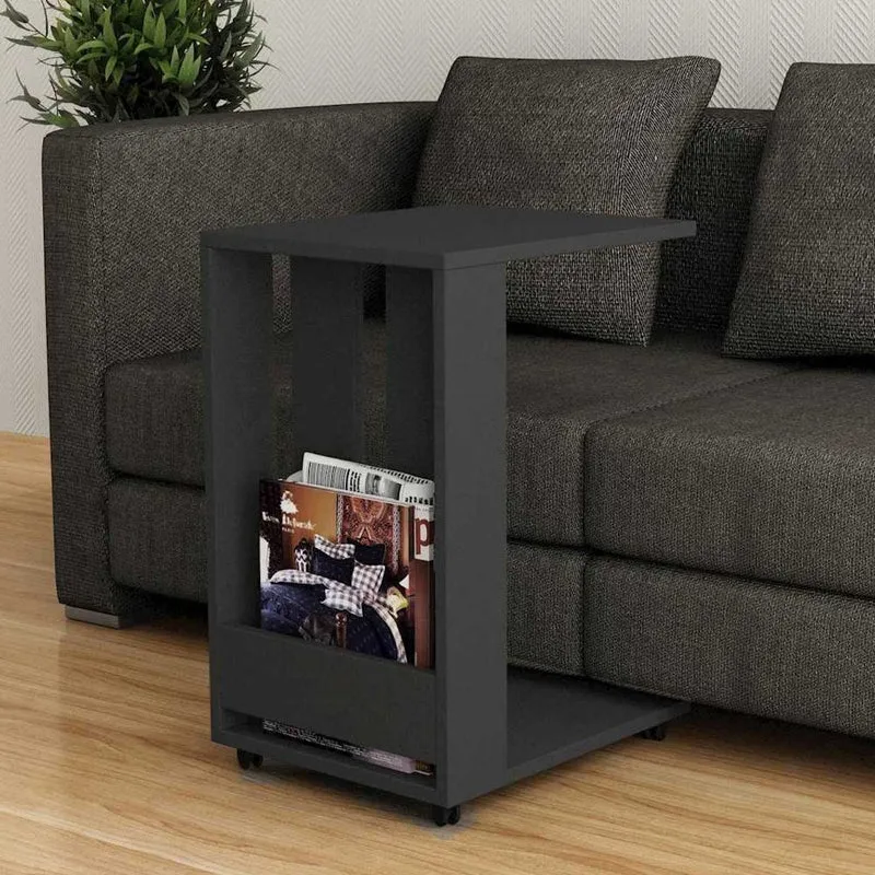 Tavolino da Soggiorno 37,5x45x60 cm Laterale Divano con Ruote in Legno Antracite