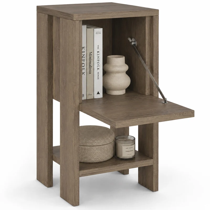 Comodino 30x30x55 cm Mobiletto con Anta a Ribalta e Ripiano in Legno Rovere
