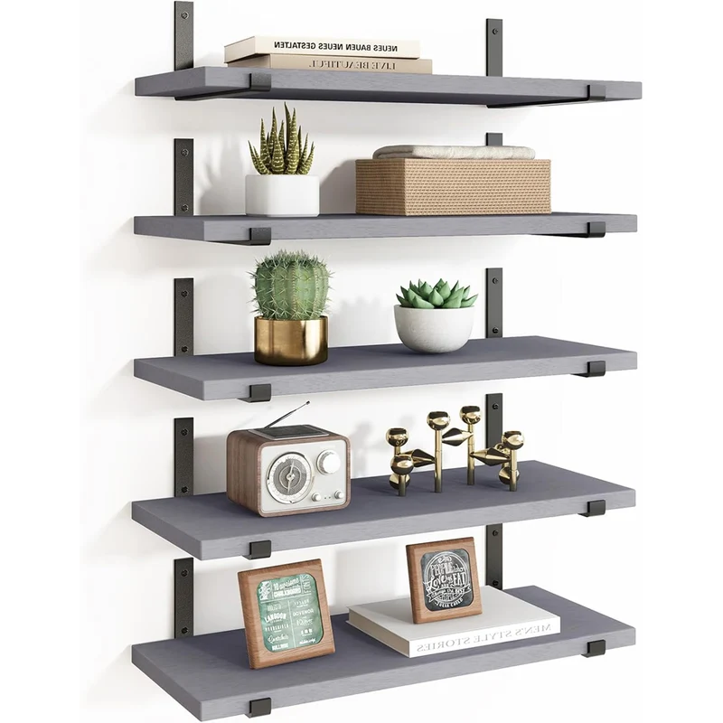 Set 5 Mensole da Parete 40x12x1,5 cm Scaffali da Muro con Staffe in Metallo Grigio