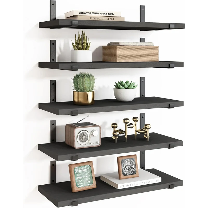 Set 5 Mensole da Parete 40x12x1,5 cm Scaffali da Muro con Staffe in Metallo Nero