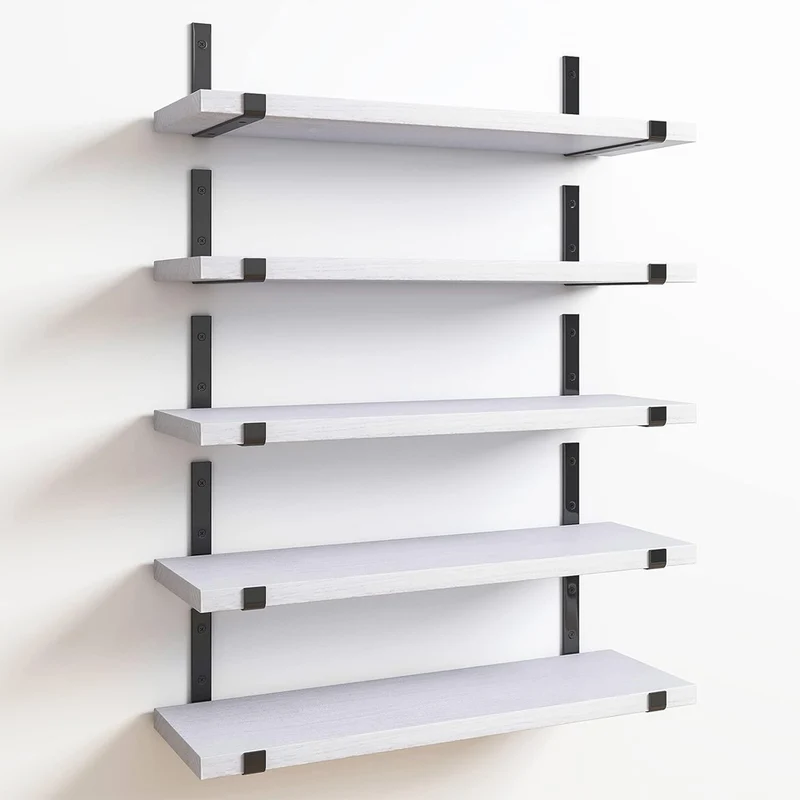 Set 5 Mensole da Parete 40x12x1,5 cm Scaffali da Muro con Staffe in Metallo Bianco