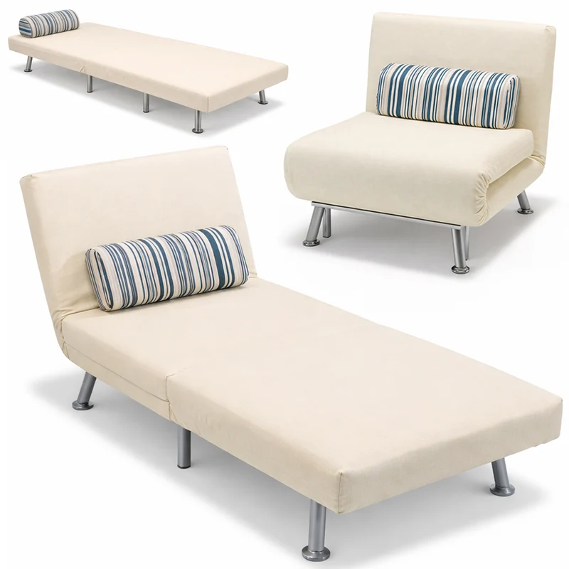 Poltrona Letto Singolo 75x73x73 cm Reclinabile 5 Posizioni in Ferro e Tessuto Crema
