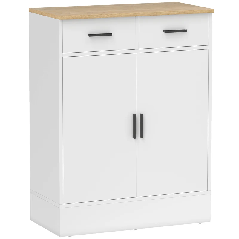 Credenza Moderna 68,6x35x90,3A cm 2 Cassetti e Armadietto 2 Ante Ripiano Interno Regolabile Bianco e Legno
