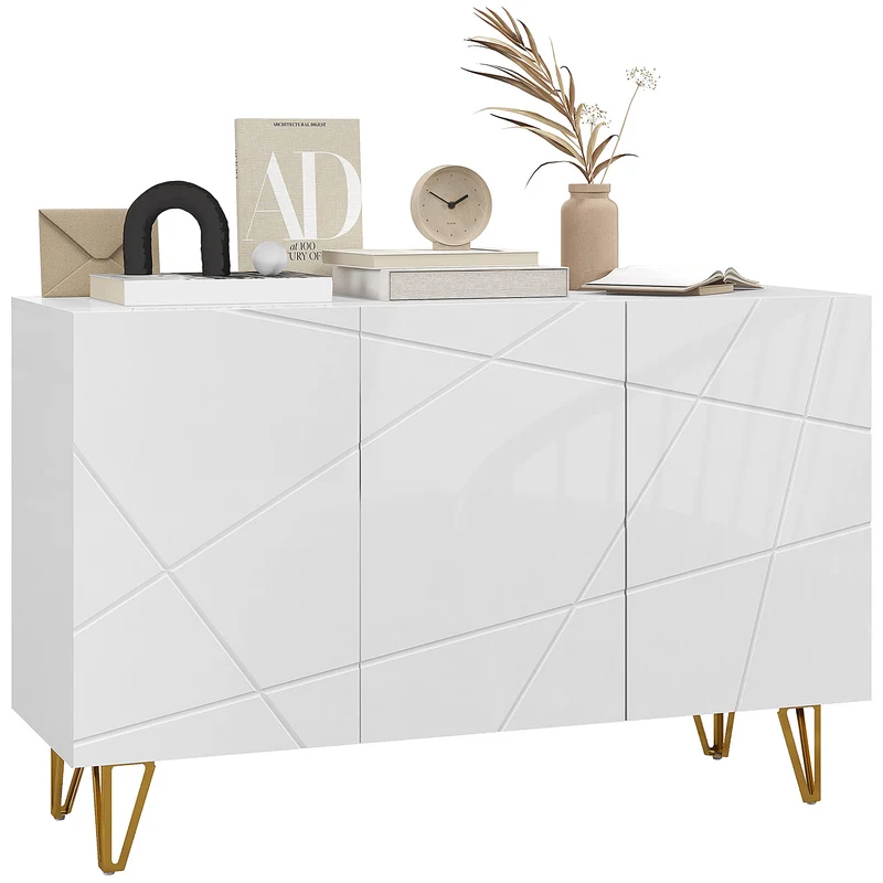 Mobile Contenitore 120x40x75 cm con 2 Armadietti e Ripiano Regolabile in Truciolato e Metallo Bianco e Oro