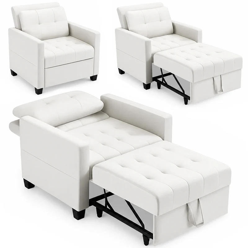 Poltrona Letto Singolo 91,5x83x90 cm Chaise Lounge Seduta Ergonomica in Poliestere Beige