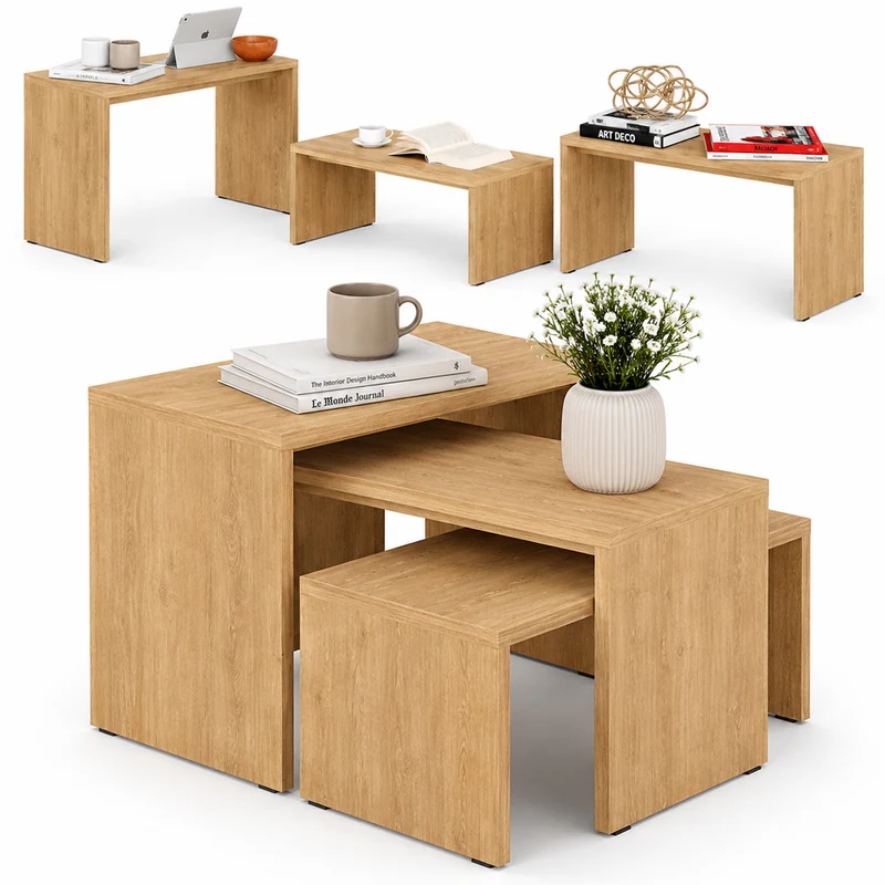 Set 3 Pezzi Tavolini Caffe Rettangolare a Incastro in Legno MDF Quercia