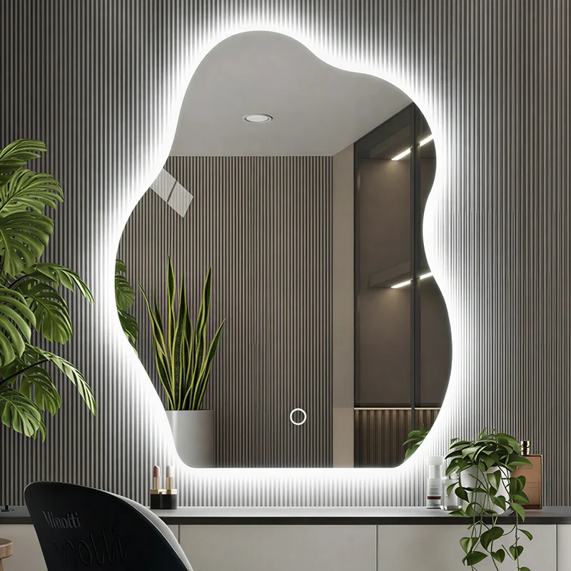 Specchio Forma Ondulata da Parete 50x70cm con LED 3 Colori Accensione Touch
