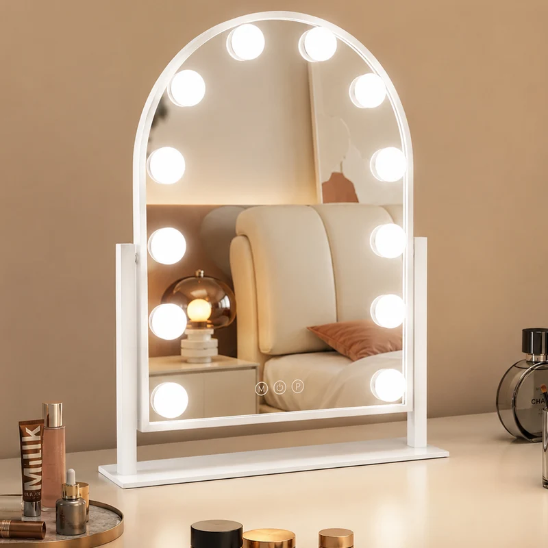Specchio ad Arco da Tavolo 30x40 cm Struttura e LED a Bulbi 3 Colori in Alluminio Bianco