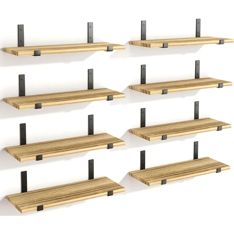 Set 8 Mensole da Parete 40x15x1,5 cm Staffe Nero Scaffalatura da Muro in Legno Rovere