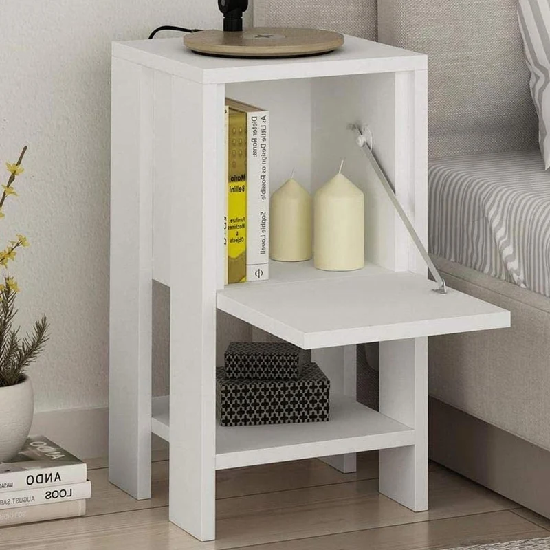 Comodino 30x30x55 cm Mobiletto con Anta a Ribalta e Ripiano in Legno Bianco