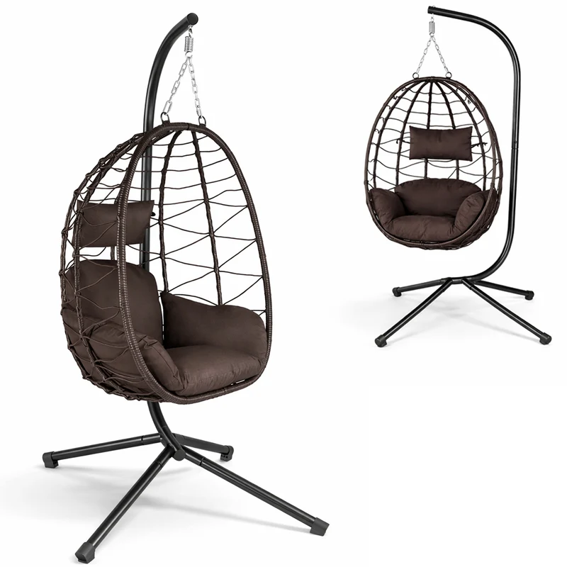 Poltrona Sospesa da Giardino 198x95x95 cm Sedia Uovo a Dondolo in Rattan e Metallo Marrone