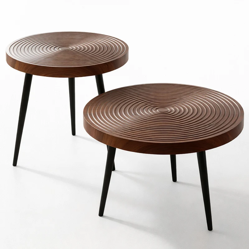 Set 2 Tavolini da Caffè Rotondi Ø60 cm e Ø50 cm Design Industrial in MDF e Metallo Noce