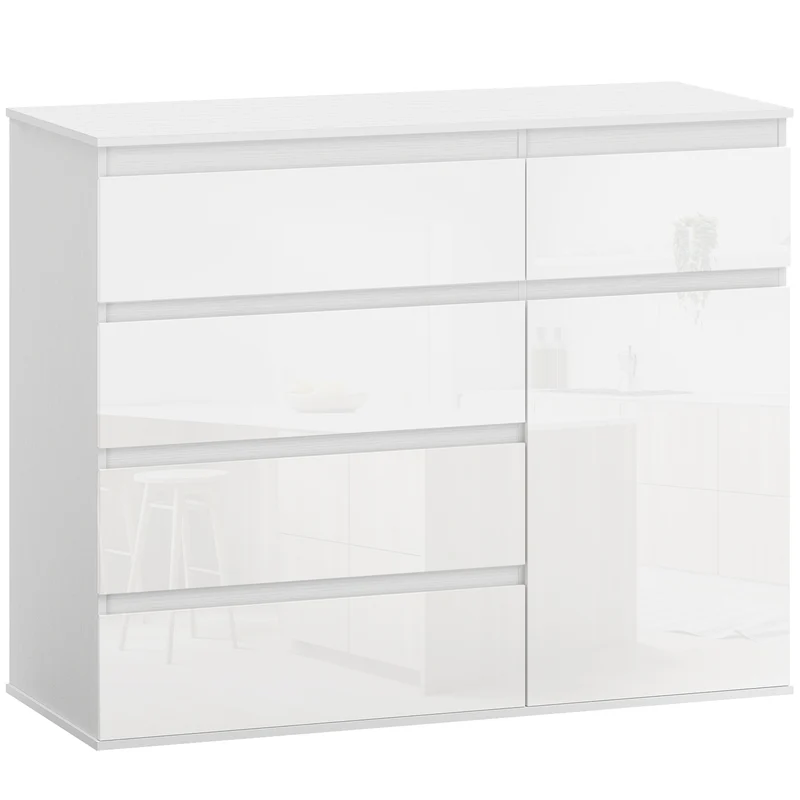 Credenza Mobile Basso 100x40x80 cm con 5 Cassetti Ripiano Regolabile in MDF Bianco Lucido