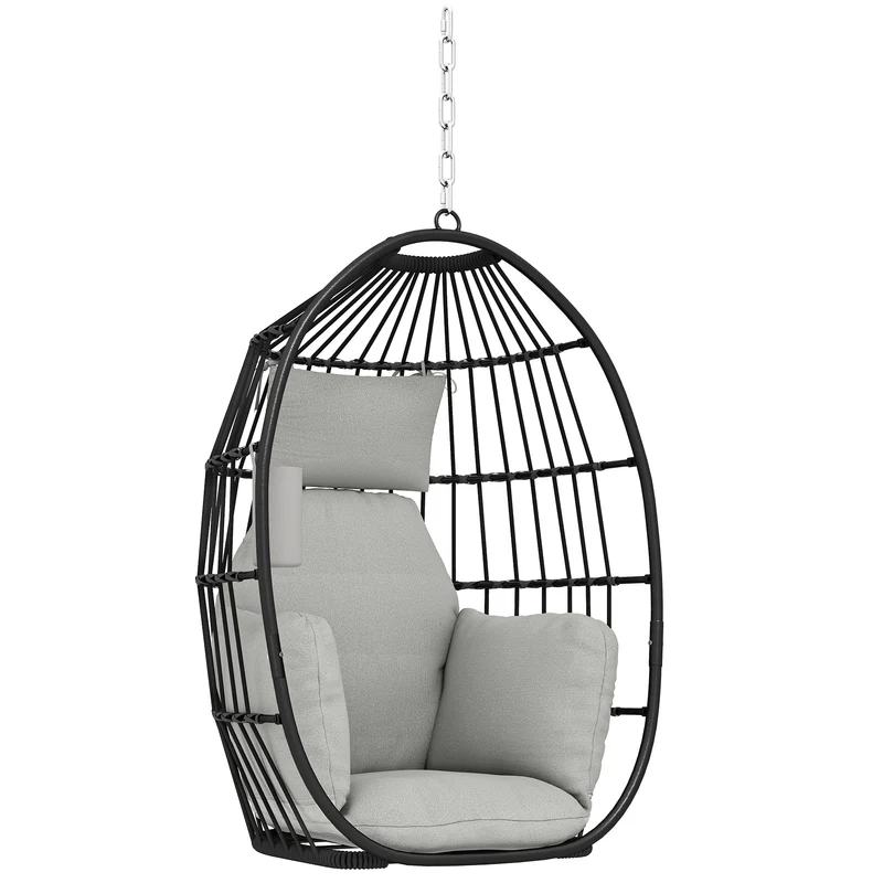 Poltrona Sospesa a Uovo 75x62x107 cm con Gancio Cuscino e Poggiatesta in Acciaio e Poliestere Grigio