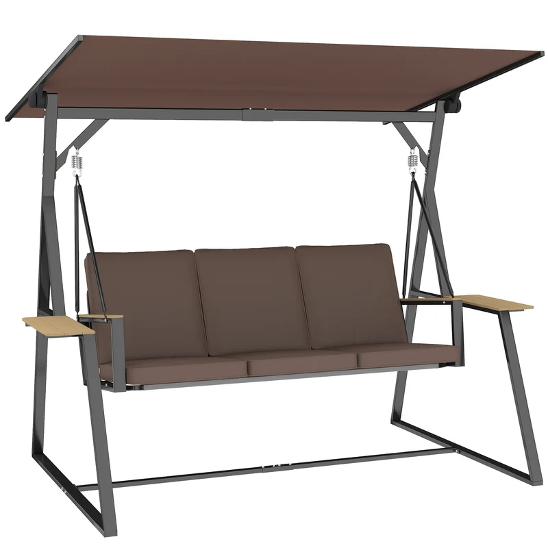 Dondolo da Giardino 3 Posti 222x131x175 cm con Tettuccio Regolabile con Vassoi e Cuscini Imbottiti in Metallo Marrone