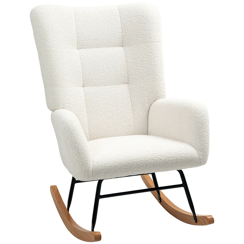 Sedia a Dondolo in Velluto Teddy, Metallo e Legno per Camera da Letto e Soggiorno, 70x94x100 cm, Bianco Crema