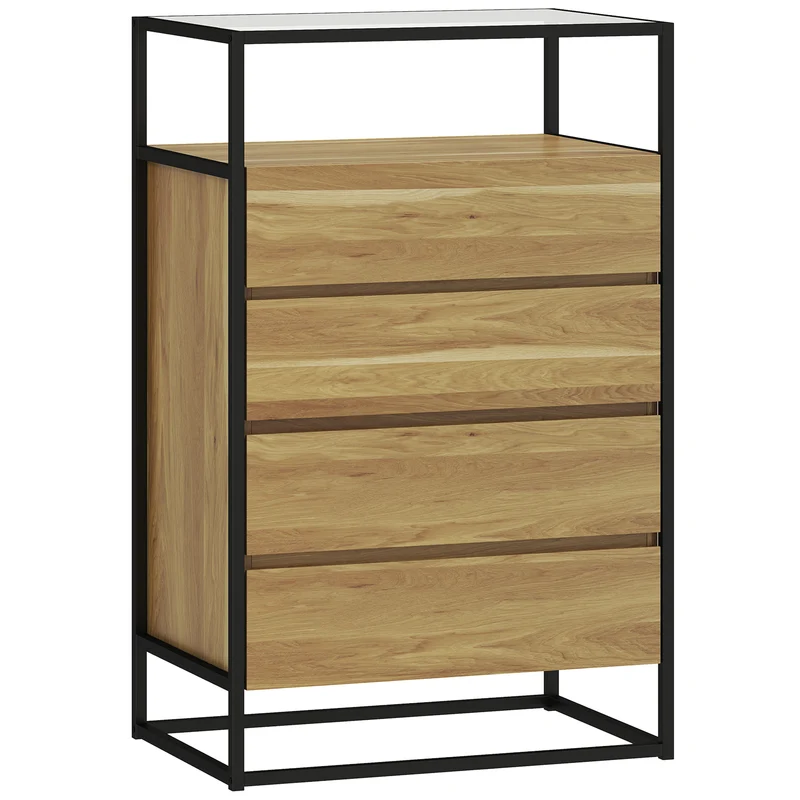 Cassettiera 60x40x94,5 cm con 4 cassetti e Ripiano aperto in MDF Acciaio e Vetro Color Legno