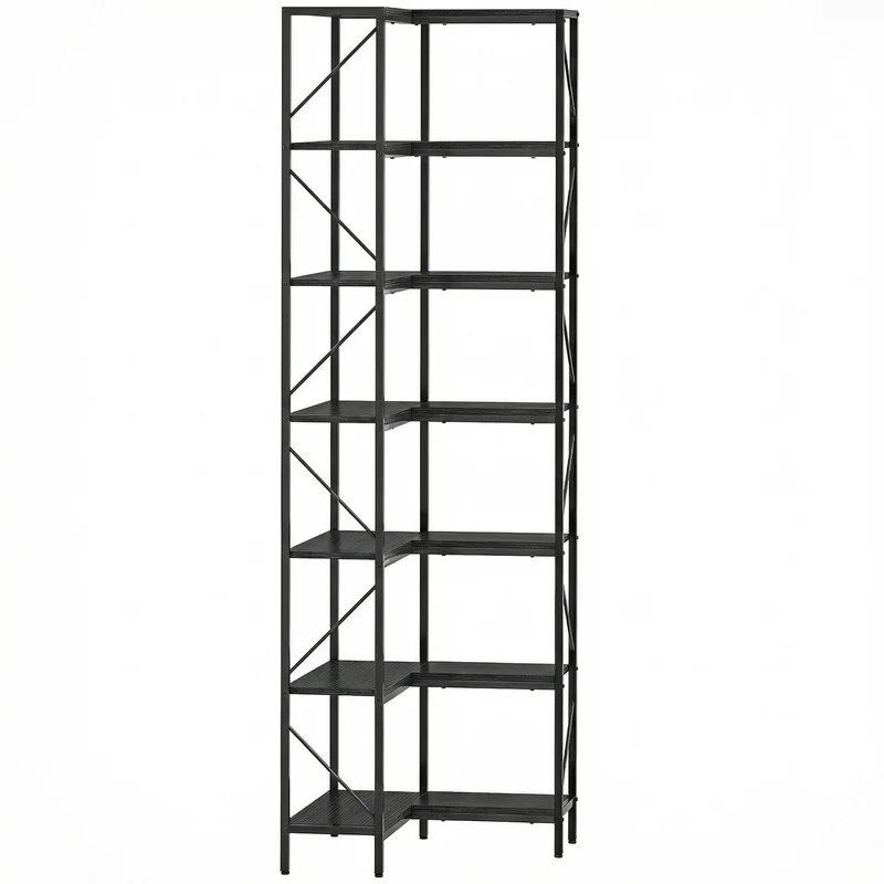 Libreria ad Angolo 60x60x198 cm a 7 Ripiani StileIndustriale Telaio in Metallo Effetto Legno Nero