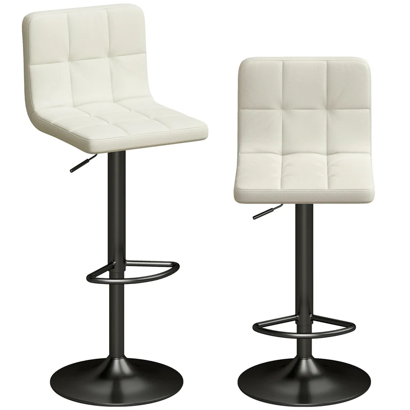 Set 2 Sgabelli da Bar 39,5x44x88-110 cm Regolabili con Poggiapiedi in Pelle PU e Acciaio Crema