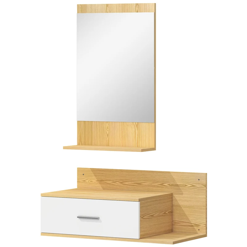 Set Mobili da Ingresso con Specchio Mensola e Mobiletto a Parete in Legno e Vetro Naturale