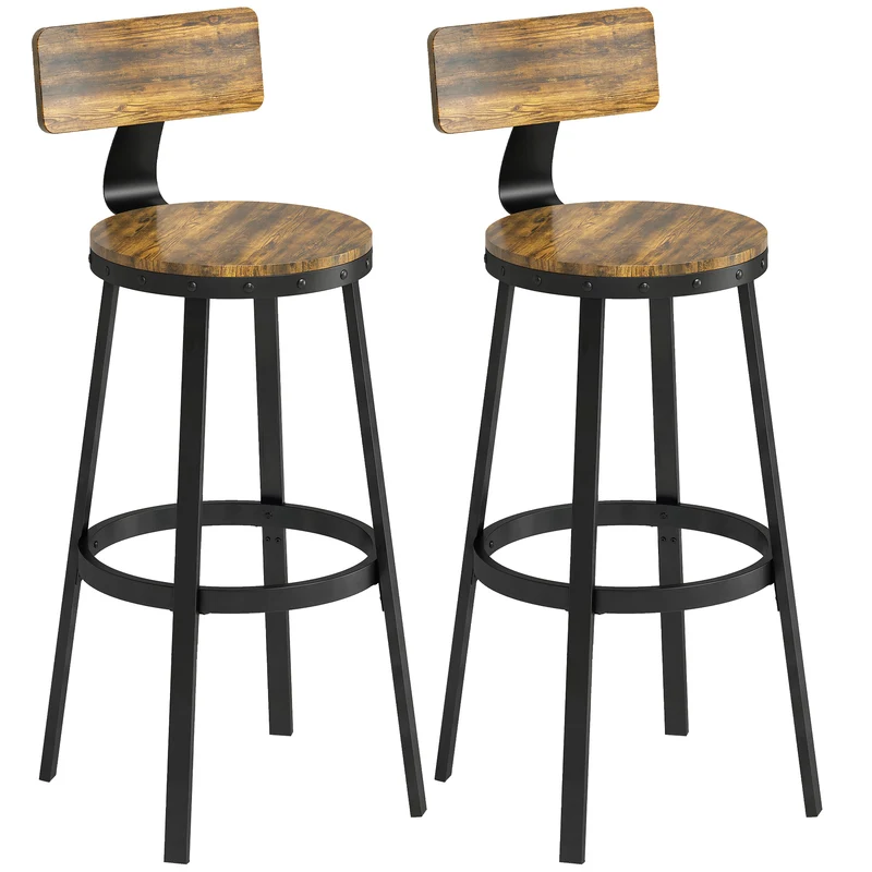 Set 2 Sgabelli da Bar Stile Rustico 37x47x96 cm con Poggiapiedi in Legno e Metallo Marrone