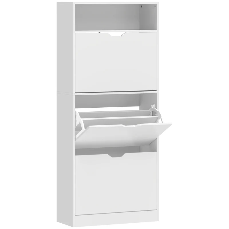 Scarpiera 60x26x140 cm Mobile con 3 Cassetti Ribalta e Ripiani Regolabili in MDF Bianco