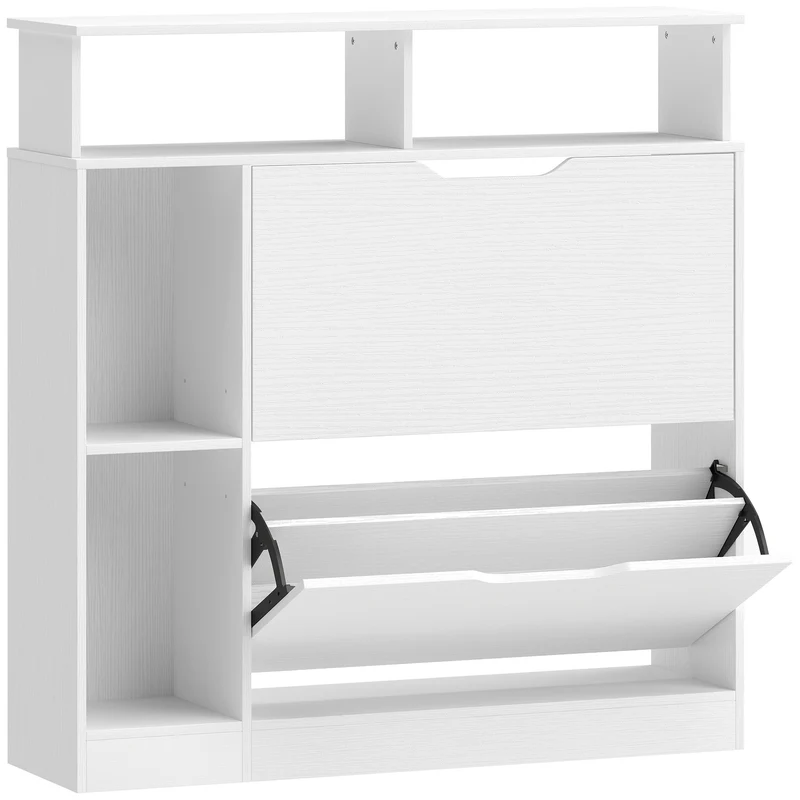 Scarpiera Slim 89x25x92 cm con Divisori Regolabili e Ripiani a Giorno in MDF Bianco