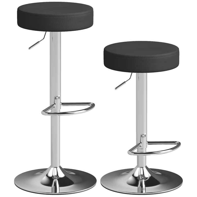 Set 2 Sgabelli da Bar Moderni Ø38,5x62-84 cm Regolabili in Pelle PU Spugna e Metallo Nero