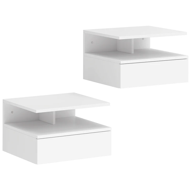 Set di 2 Comodini Sospesi 35x32x22,5 cm con Cassetto e Mensola Aperta in Legno Bianco