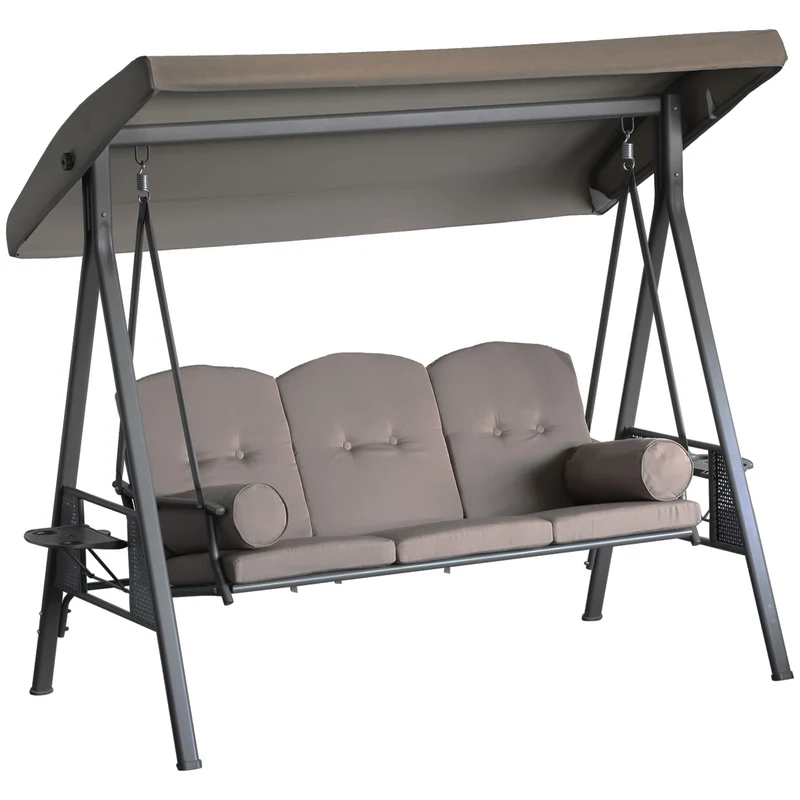 Dondolo da Giardino 3 Posti 208x121x172 cm con Tetto Regolabile Portabicchieri e Cuscini Marrone