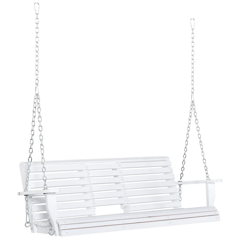 Dondolo 3 Posti da Esterno 150x75x53 cm con Tavolino Centrale e Portabicchieri in Legno e Metallo Bianco